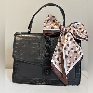 Aldo Black Croc-Embossed Purse with Patterned Scarf